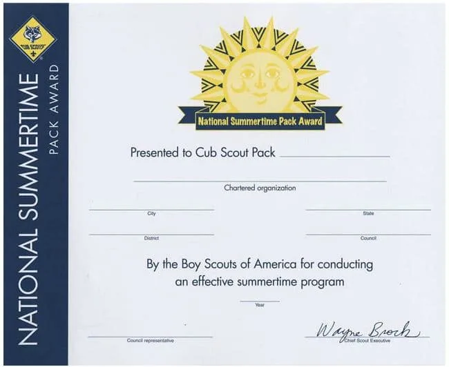 summertime pack award certificate