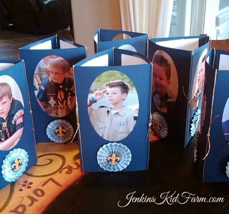 blue and gold centerpiece with photos