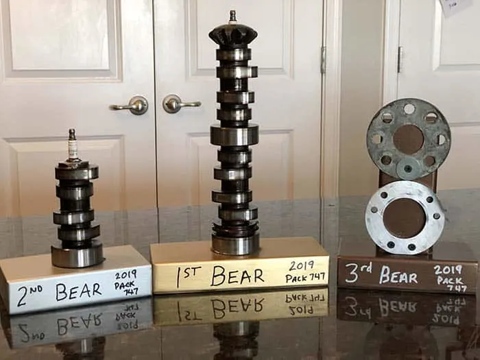 bear pinewood derby awards made from car parts