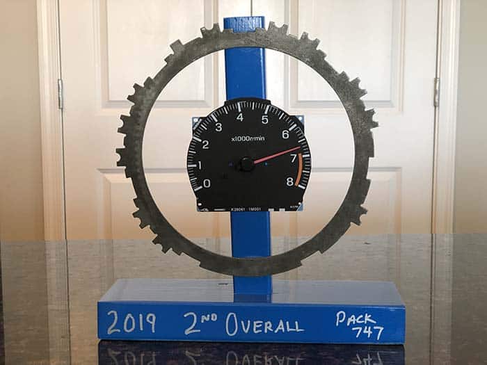 second place pinewood derby award made from car parts