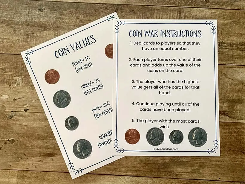 coin war instruction and values sheet