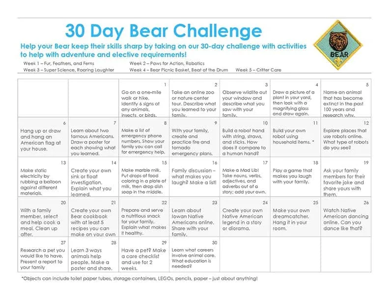 30 Day Bear Cub Scout Challenge