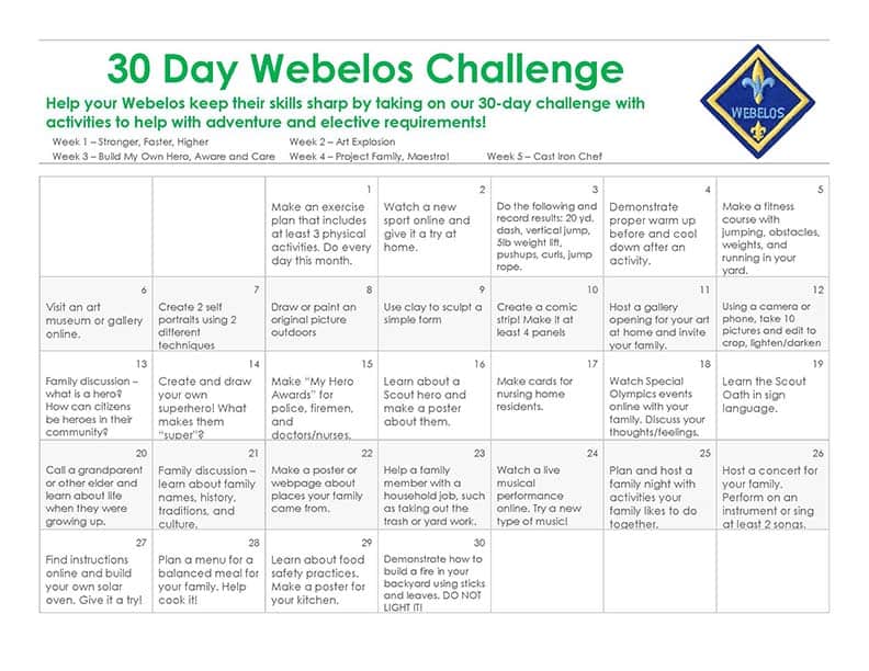 30 Day Webelos Arrow of Light Cub Scout Challenge