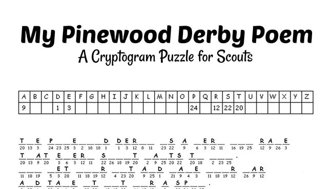pinewood derby cryptogram poem printable