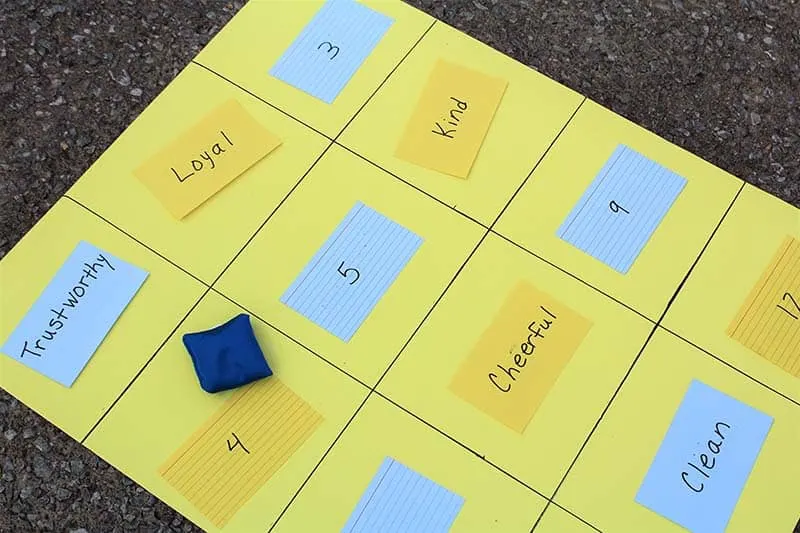 scout law index card game bean bag toss