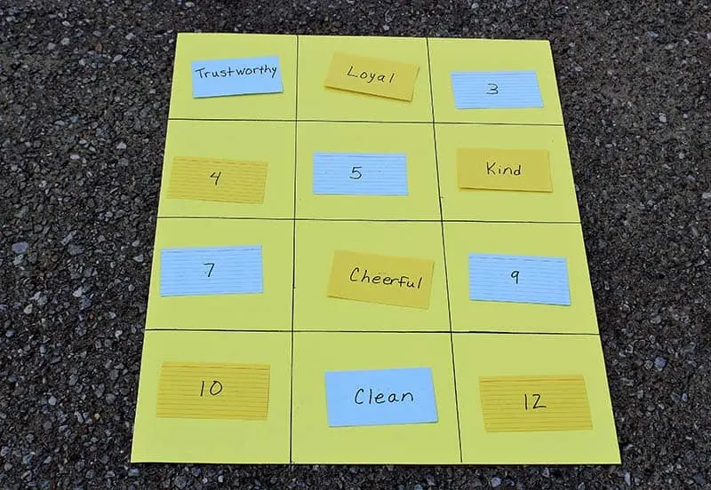 scout law index card game fill grid